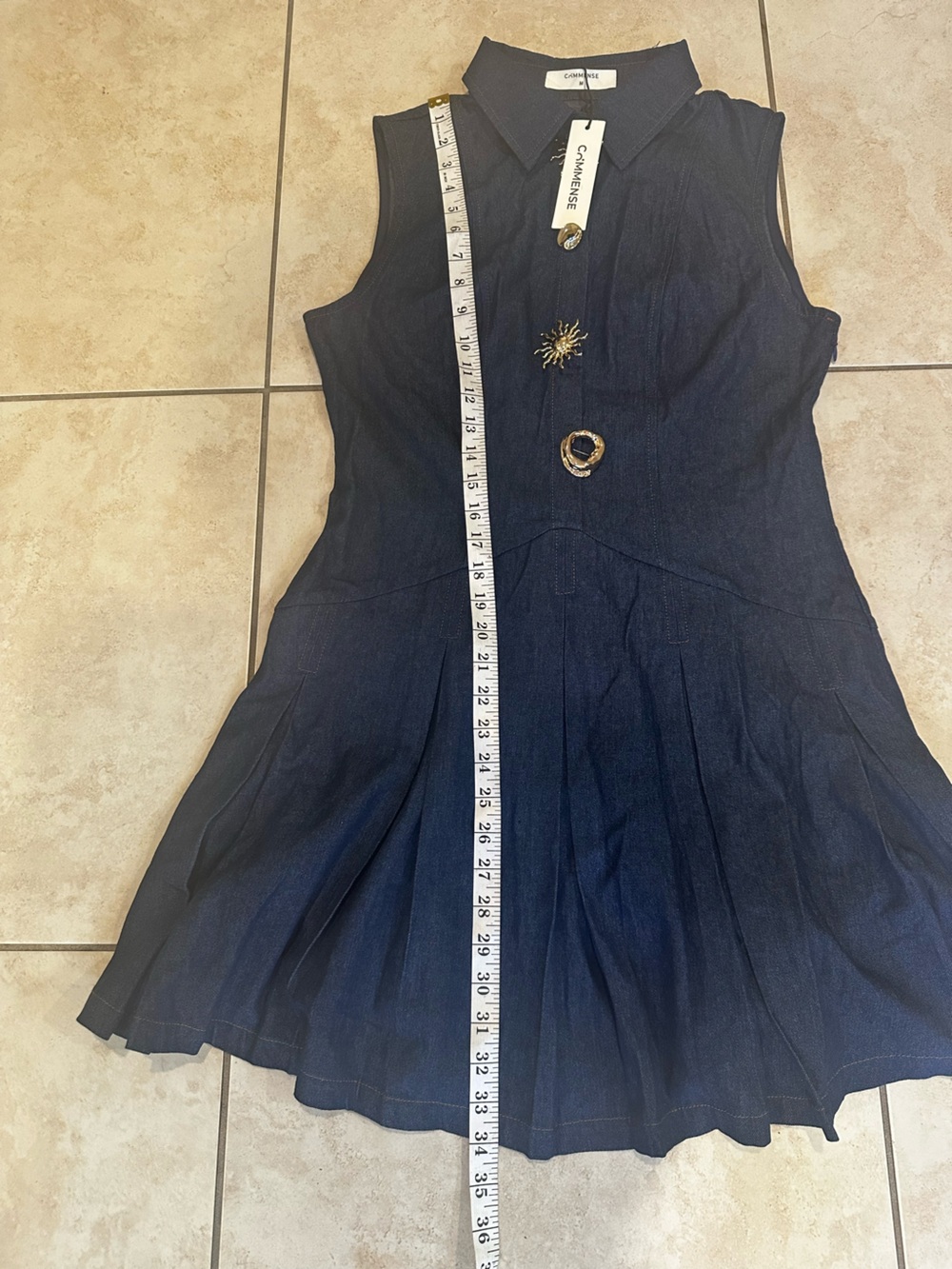 Commense Navy Denim Mini Dress with Gold Sun Buttons - Picture 9 of 9